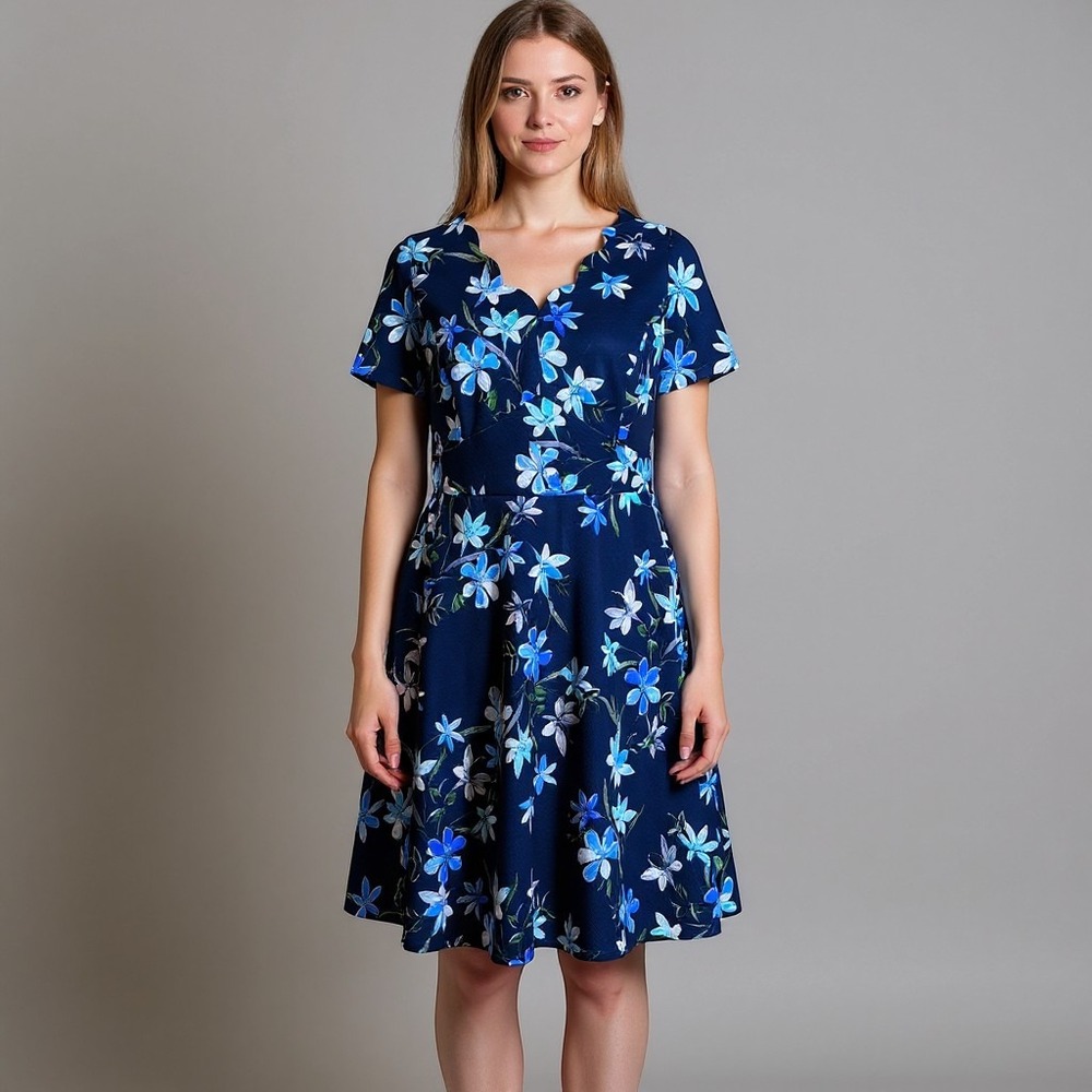 354.Wisp Woman Navy Blue Floral Scalloped V-Neck Fit & Flare Dress Plus Size 14W